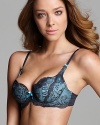 A gorgeous lace contour bra with contrast blue underlay and charming bow accents. Style #E72-924