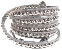 Sparkling Starlight Silver Beads on Light Gray Genuine Leather Bracelet, Extra Long 5x Wrap Bracelet