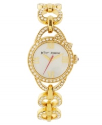 A gem of a timepiece you will love to love, from Betsey Johnson. Crafted of gold tone stainless steel heart-shaped linked bracelet with set crystal accents and round case. Bezel embellished with crystal accents and sculpted bow. White mother-of-pearl dial features applied gold tone Roman numerals at three, six, nine and twelve o'clock, gold tone hour and minute hands, signature fuchsia second hand and logo at twelve o'clock. Quartz movement. Water resistant to 30 meters. Two-year limited warranty.