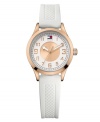 Punctuality gets pretty with this glammed up sport watch by Tommy Hilfiger. White textured silicone strap and round rose-gold-plated stainless steel case. Double-layered white and rose-gold tone dial features cut-out numerals, black minute track, flag logo at twelve o'clock and three hands with rose-gold tone accents. Quartz movement. Water resistant to 30 meters. Ten-year limited warranty.