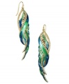 Get ready for take off! RACHEL Rachel Roy's fashionista-friendly feather earrings combine bright blue, green and topaz-hued glass accents in a gold tone mixed metal setting. Approximate drop: 3-1/2 inches.