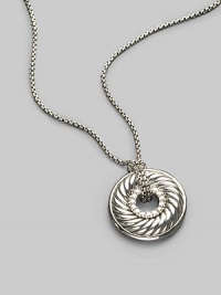 From the Carved Cable Collection. Pavé diamonds border a petite disk pendant with signature sculpted cable design, elegantly hanging from a sterling silver box chain. Diamonds, 0.15 tcw Sterling silver Length, about 17 Lobster clasp Imported