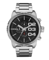 Get your point across with this larger-than-life watch by Diesel. Stainless steel bracelet and oversized round case, 52mm. Black chronograph dial features silver tone numerals, stick indices, minute track, three subdials, luminous hands and logo. Quartz movement. Water resistant to 50 meters. Two-year limited warranty.