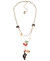 Yes, you can accessorize with a toucan! Betsey Johnson's antique gold tone mixed metal three-row necklace features a brilliant black, orange, and white toucan with gold-tone details and crystal accents, red cherries, and small crystal accents. Approximate length: 16 inches + 3-inch extender. Approximate drop: 4 inches.