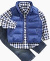 Mix up his cool-weather look with this put-together plaid shirt, quilted vest and jeans set from Kenneth Cole Reaction.