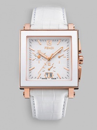 An elegant square timepiece with a ceramic bezel, 18k rose goldplated accents and full chronograph functions.