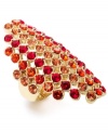 Go bold or go home with this sparkling style. Style&co.'s statement-maker covers the span of two knuckles with a gradation of coral and red glass stones. Set in gold tone mixed metal. Ring stretches to fit finger.