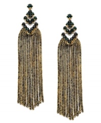 Go for the bold. These drop earrings from Bar III are crafted from antique gold-tone mixed metal with crystals and dazzling tassels enhancing the chevron motif. Approximate drop: 4-1/2 inches.