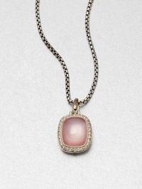 From the Noblesse Collection. A pretty pink mother-of-pearl cabochon surrounded by brilliant diamonds on a sterling silver box chain. Pink mother-of-pearlDiamonds, .3 tcwSterling silverLength, about 17Pendant size, about .47Lobster clasp closureImported 