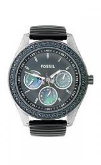 Fossil Women's ES2954 Black Rubber Strap Steel Case Black Crystallized Bezel Black Dial Watch