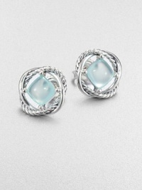 Beautiful aqua chalcedony cabochons framed by iconic sterling silver cable rings. Aqua chalcedonySterling silverSize, about .25Post backImported 