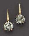 An elegant green amethyst drop earring in 18 Kt. yellow gold. With Roberto Coin's signature ruby accents.