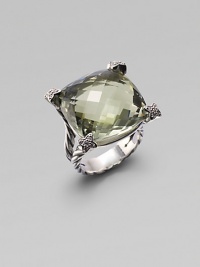 From the Cushion on Point Collection. A split cable band of sterling silver holds a faceted cushion of soft green prasiolite, with shimmering pavé diamonds at the corners. Prasiolite Diamonds, 0.12 tcw Sterling silver About ¾ square Made in USA