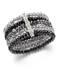 Pair this sparkling piece with your little black dress. Ali Khan's sparkling stretch cuff features five rows of jet black and hematite-colored glass beads with a row of rhinestone accents. Crafted in mixed metal. Approximate diameter: 2 inches.