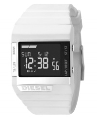 High-tech fashion by Diesel. This unisex watch features a white plastic strap and rectangular case, 45x38mm. Black negative display digital dial with time, day, date, seconds, alarm and lap timer. Quartz movement. Water resistant to 50 meters. Two-year limited warranty.