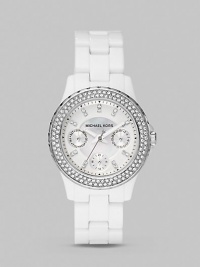 A bezel of sparkling crystals lends glamour to this sturdy, stylish timepiece.Quartz movement Water resistant to 5ATM Stainless steel case, 33mm (1.29) White dial Crystal hour markers Three chronograph sub dials Date display Second hand Acetate link bracelet Imported