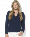 Lauren Ralph Lauren's essential plus size sweater is crafted from soft cable-knit cotton with a split crew neckline for a flattering finish.