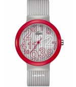 Simple shades of gray from Lacoste. Unisex Goa watch crafted of gray stripe silicone strap with printed text logo and round plastic case with red bezel. Gray stripe dial features jumbled red and white numerals, iconic crocodile logo at twelve o'clock, cut-out hour and minute hands, and red second hand. Quartz movement. Water resistant to 30 meters. Two-year limited warranty.