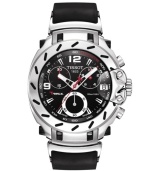 Inspired by moto-racing, the T-Race watch by Tissot blends precision with winning details. The T-Race watch is crafted of black rubber strap and round PVD stainless steel case. Bezel features stick indices. Black chronograph dial features tachymeter scale, minute track, date window at three o'clock, three hands, white numerals at nine and twelve o'clock, three subdials and logo. Swiss quartz movement. Water resistant to 30 meters. Two-year limited warranty.