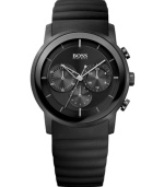 A rugged everyday watch for the man always on the move, by Hugo Boss. Crafted of black rubber strap and round black ion-plated stainless steel case. Black chronograph dial features applied stick indices, three subdials, silver tone three hands and logo at twelve o'clock. Quartz movement. Water resistant to 50 meters. Two-year limited warranty.