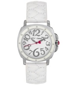 Hugs and kisses from Betsey! Sweet watch by Betsey Johnson crafted of white leather strap with heart-shaped quilting and square silver tone mixed metal case with white bezel. White dial features whimsical silver tone numerals, silver tone hour and minute hands, fuchsia heart-accented second hand and logo. Quartz movement. Water resistant to 30 meters. Two-year limited warranty.