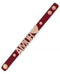 A look you're sure to love. BCBGeneration's Amor affirmation bracelet is crafted from rose gold-tone mixed metal on a stylish red croco band for a fashion-forward touch. Approximate length: 8 inches.