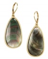 Cast a spell. Mesmerizing brown mother-of-pearl shell detail blends perfectly with your look in Jones New York's stunning drop earrings. Crafted in worn gold tone mixed metal. Approximate drop length: 1-1/2 inch.