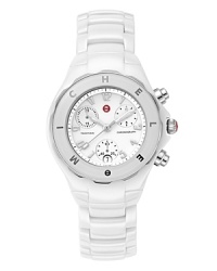 Michele Tahitian fashionable and sporty ceramic bracelet watch has three-eye chronograph functionality. Date window. Swiss movement. Water-resistant to 5 ATM (50 meters). Ceramic bracelet-style band. Signature MW crown. K-1 mineral crystal. Enamel dial.