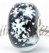 Let It Snow! Snowflakes in a Black European Murano Style Glass Bead Charm with Solid Sterling Silver Single Core Stamped 925 Fits Pandora Biagi Chamilia Troll Bracelets