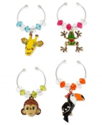 When at a party, it can be a jungle out there. This wine glass charm set from Betsey Johnson will help you navigate it. Crafted from silver-tone mixed metal with cute critters made from beaded accents, the charms sure your glass doesn't get lost in the crowd. Items come packaged in a signature Betsey Johnson Gift Box. Approximate drop, parrot: 1-1/4 inches; frog: 1 inch; giraffe: 1 inch; monkey: 3/4 inch.