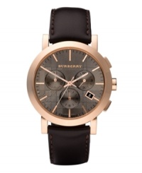 This Burberry watch features a brown leather strap and round rose gold ion-plated stainless steel case. Taupe chronograph dial with iconic Burberry check pattern features rose gold tone stick indices, date window at four o'clock, three subdials, three hands and logo. Swiss made. Quartz movement. Water resistant to 50 meters. Two-year limited warranty.