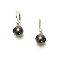 Sterling Silver 8mm Black Shell Pearl and Cubic Zirconia Lever Back Earrings