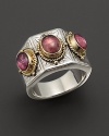 Sterling silver ring with three pink tourmaline stones framed in gold. Designed by Konstantino.