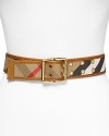 Lend every look a distinctive touch with this checked belt from Burberry, accented by an understated buckle.