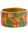 Infuse your look with the bold colors and exotic prints of Brasil. Crafted in gold tone mixed metal Haskell's Leaf bangle features orange, fuchsia, yellow and green leaf details and a hinge clasp. Approximate diameter: 2-1/2 inches. Approximate length: 8 inches. Item comes packaged in an orange gift box.