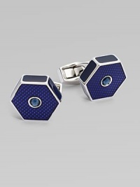 An urban design takes a hexagonal shape and adds translucent, opaque enamel and Swarovski crystal detail. T backingAbout ½ diam.Plated metalMade in the United Kingdom