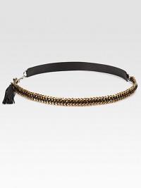 A two-sided style in supple leather and leather accented link chain, finished with a leather tassel. Width, about 1Imported 