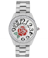 Style in full bloom from Betsey Johnson. This structured watch complements sweet looks with crystal sparkle and a rose graphic.