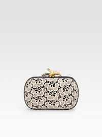 A truly feminine design with pretty floral lace on glossy patent leather.Detachable chain shoulder strap, 20½ dropTop clasp closureOne inside open pocketFully lined7W X 4½H X 1DImported