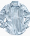 The crisp, bold style of this gradient stripe shirt from Calvin Klein gives his closet a stylish punch.