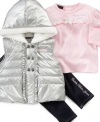 A trend setter in training. Stylish is this 3 piece adorable vest, shirt, and pant ensemble by Calvin Klein.