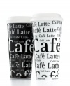 Take coffee drinks to go with the Konitz Cafe Latte travel mug. A porcelain base heats and cleans up nicely so you can thoroughly enjoy each cup. With black or white text and a silicone lid.