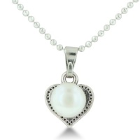 Heart Shaped Pendant With Freshwater Natural White 7.5-8mm Round Pearl On Faceted Ball Chain Necklace, 18 Inches Long