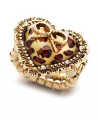 Let your inner wild child loose with this fierce leopard ring by Betsey Johnson. Glass-covered leopard print features a central ribbon decoration and sparkling crystal accents at the edges. Crafted in antique gold-plated mixed metal. Size 7-1/2. Comes with pink satin gift box.