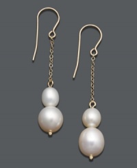 Elevate your look in an instant with glamorous pearl drops. Set in 14k gold, earrings feature two graduated, cultured freshwater pearls (8 mm x 6 mm, 10 mm x 8 mm). Approximate length: 2 inches.