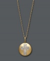 A bold, new way to express your faith. This unique pendant features a circular disc that highlights round-cut diamonds (1/10 ct. t.w.) in the shape of a cross. Pendant and chain crafted in 14k gold. Approximate length: 18 inches. Approximate drop: 1/2 inch.