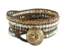 Gold Beaded Leather Wrap Bracelet on Dark Leather (large (29.5))