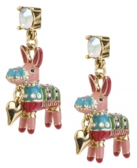 Talk about a party perfect style! Betsey Johnson's multi-colored pinata drop earrings sparkle with crystal stud posts and accents and a small bubble heart charm. Set in gold tone mixed metal. Approximate drop: 1-2/5 inches.