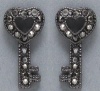 Small Hematite Plated Sparkling Black Crystal Open Heart Shaped 1/2 Key Stud Earrings