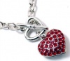 Designer Inspired Red Crystal Puff Heart Charm Toggle Necklace - White Gold Plated